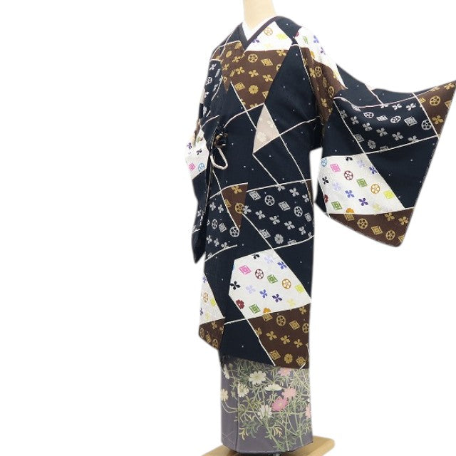 【新古品】tomihisa 新品 モノグラム 着物 正絹 仕付け糸付 ロング丈 道中着 7794