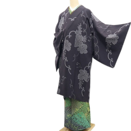 【新古品】tomihisa 新品 京友禅 葡萄 着物 正絹 仕付け糸付 ロング丈 道中着 7797