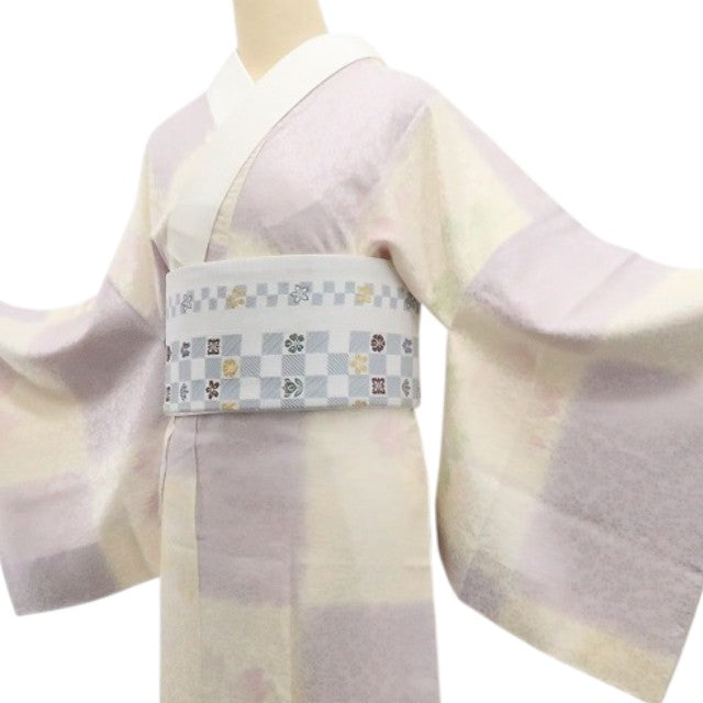 【中古】tomihisa 市松 桜 着物 正絹 長襦袢 7802