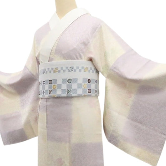 【中古】tomihisa 市松 桜 着物 正絹 長襦袢 7802