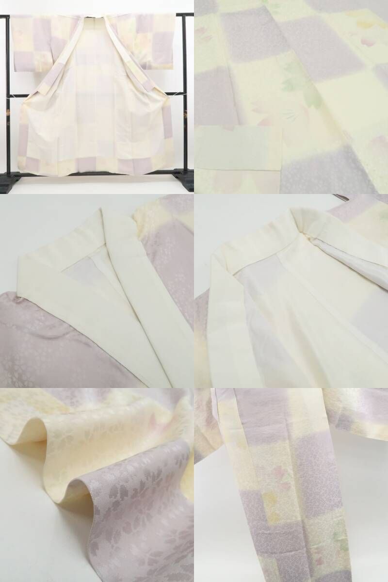 【中古】tomihisa 市松 桜 着物 正絹 長襦袢 7802