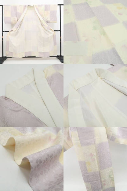 【中古】tomihisa 市松 桜 着物 正絹 長襦袢 7802