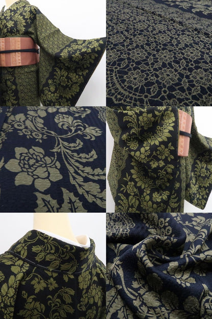 【新古品】tomihisa 新品 薔薇 レース柄 着物 正絹 仕付け糸付 小紋 7813