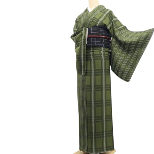 【新古品】tomihisa 新品 斉藤上太郎 落款 チェック柄 着物 正絹 仕付け糸付 お召 7816