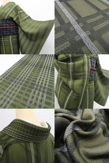【新古品】tomihisa 新品 斉藤上太郎 落款 チェック柄 着物 正絹 仕付け糸付 お召 7816