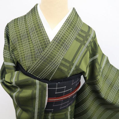 【新古品】tomihisa 新品 斉藤上太郎 落款 チェック柄 着物 正絹 仕付け糸付 お召 7816