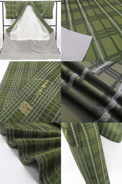 【新古品】tomihisa 新品 斉藤上太郎 落款 チェック柄 着物 正絹 仕付け糸付 お召 7816
