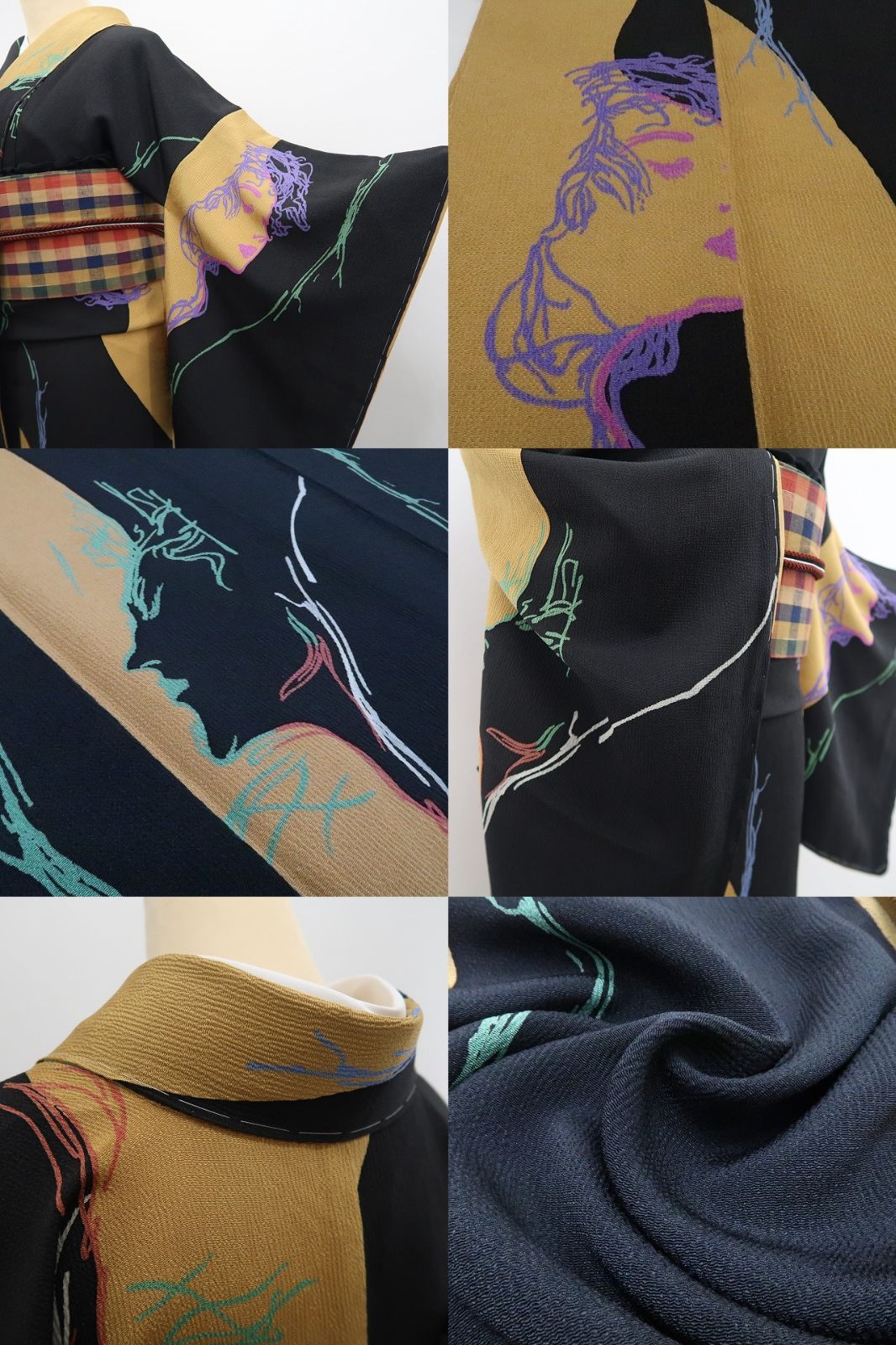 【中古】tomihisa 美品 画家・天野喜孝 モダンアート 着物 正絹 仕付け糸付 小紋 7818