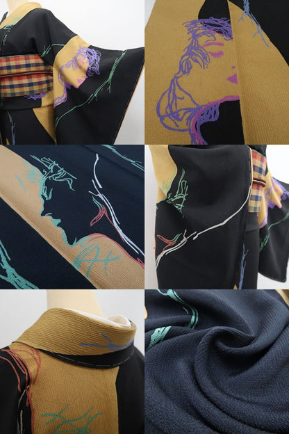 【中古】tomihisa 美品 画家・天野喜孝 モダンアート 着物 正絹 仕付け糸付 小紋 7818