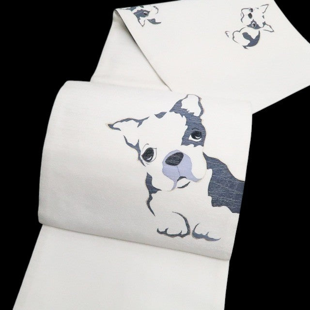 【新古品】tomihisa 新品 BANKAN フレンチブルドッグ 犬 モノトーン 着物 正絹 袋帯 7827