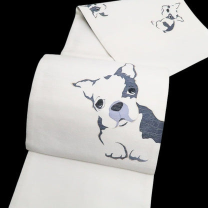 【新古品】tomihisa 新品 BANKAN フレンチブルドッグ 犬 モノトーン 着物 正絹 袋帯 7827