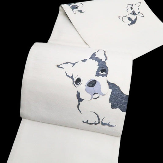【新古品】tomihisa 新品 BANKAN フレンチブルドッグ 犬 モノトーン 着物 正絹 袋帯 7827