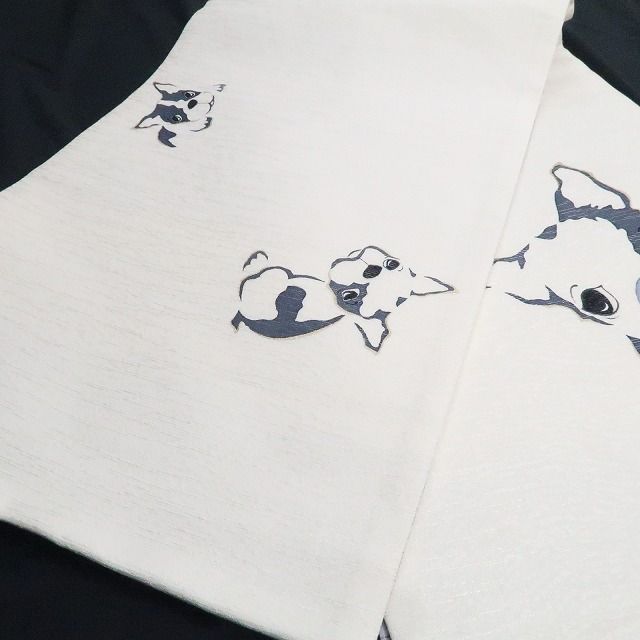 【新古品】tomihisa 新品 BANKAN フレンチブルドッグ 犬 モノトーン 着物 正絹 袋帯 7827