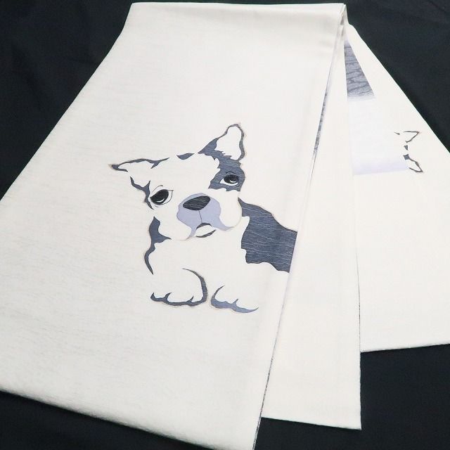 【新古品】tomihisa 新品 BANKAN フレンチブルドッグ 犬 モノトーン 着物 正絹 袋帯 7827