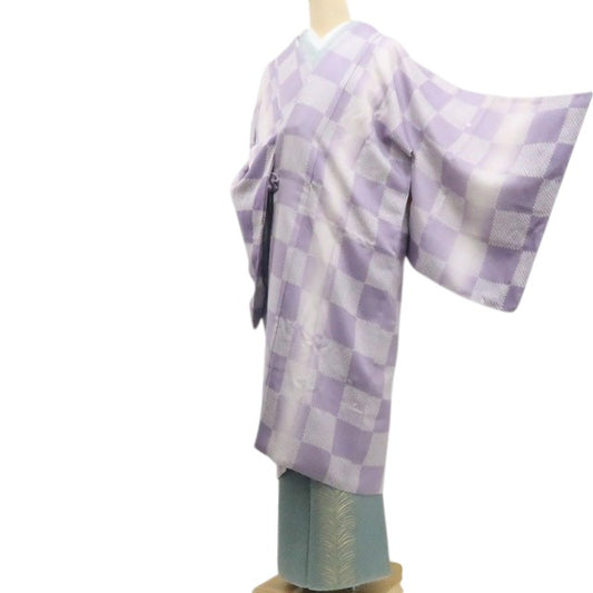 【新古品】tomihisa 新品 刺繍 桜 市松 着物 正絹 仕付け糸付 ロング丈 道中着 7865