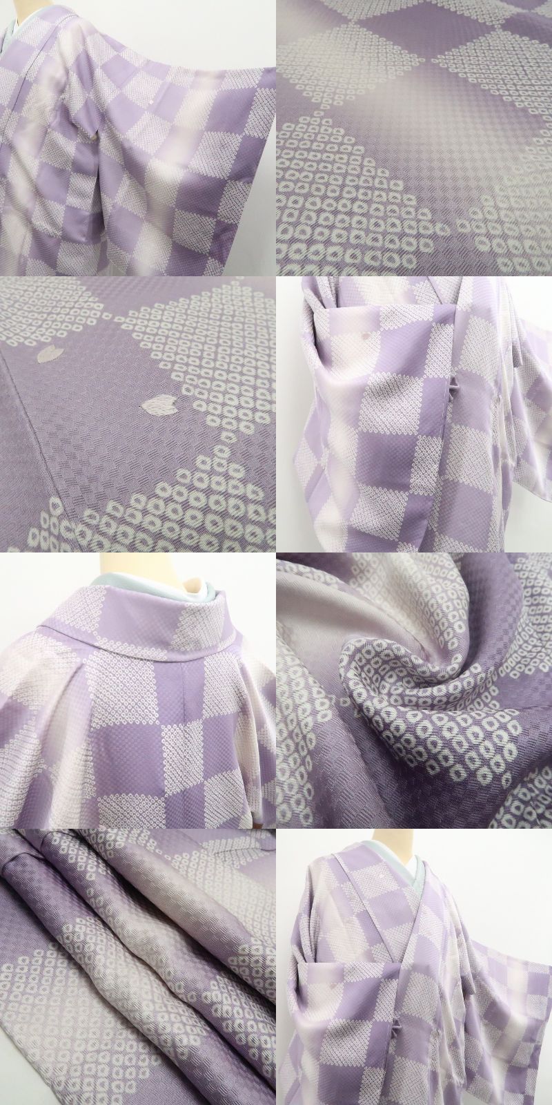 【新古品】tomihisa 新品 刺繍 桜 市松 着物 正絹 仕付け糸付 ロング丈 道中着 7865