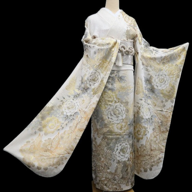 【中古】tomihisa 美品 薔薇 蝶 着物 成人式 トールサイズ 振袖 7895