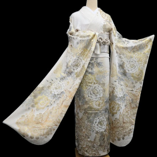 【中古】tomihisa 美品 薔薇 蝶 着物 成人式 トールサイズ 振袖 7895