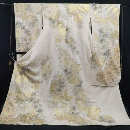 【中古】tomihisa 美品 薔薇 蝶 着物 成人式 トールサイズ 振袖 7895