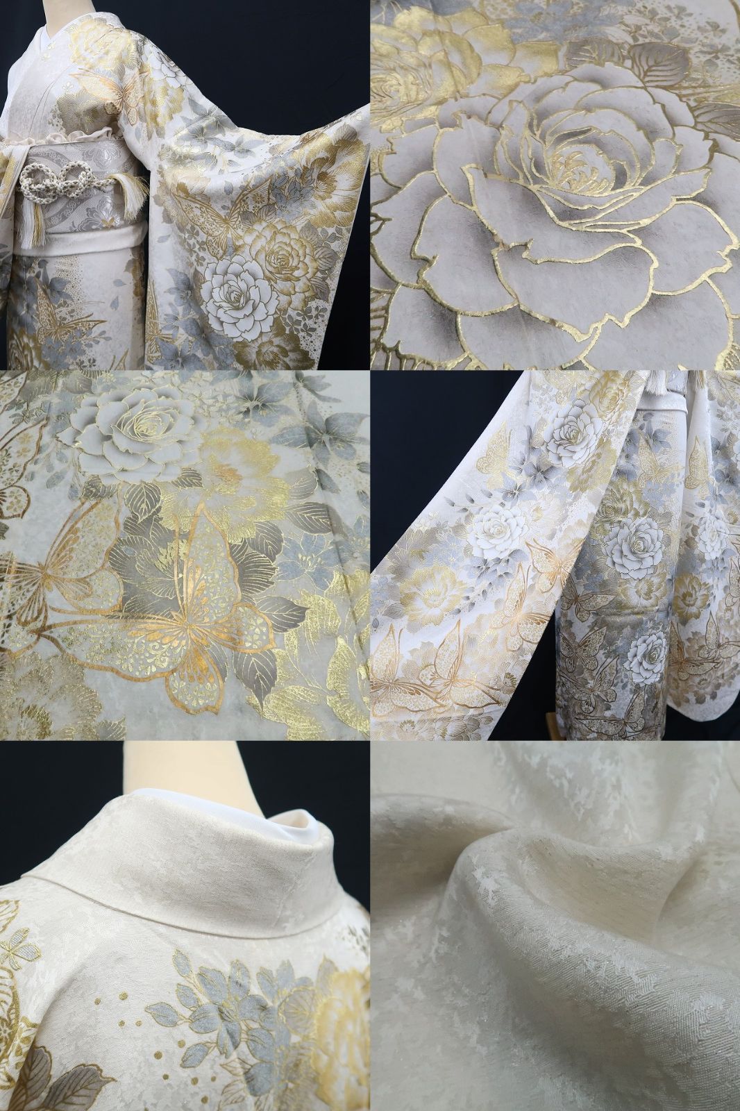 【中古】tomihisa 美品 薔薇 蝶 着物 成人式 トールサイズ 振袖 7895