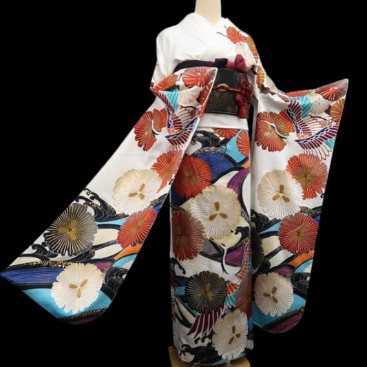 【中古】tomihisa 美品 ROLA ローラ 鶴 着物 成人式 振袖 7896