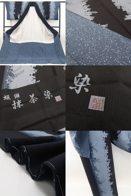 【新古品】tomihisa 新品 抹茶染め 縦縞 着物 正絹 仕付け糸付 トールサイズ 小紋 7960
