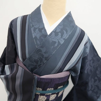 【新品・小紋】藤野照雄 落款 縦縞×唐花 着物 正絹 仕付け糸付 トールサイズ tomihisa”クールな縞に唐花の優しさを重ねて”9517