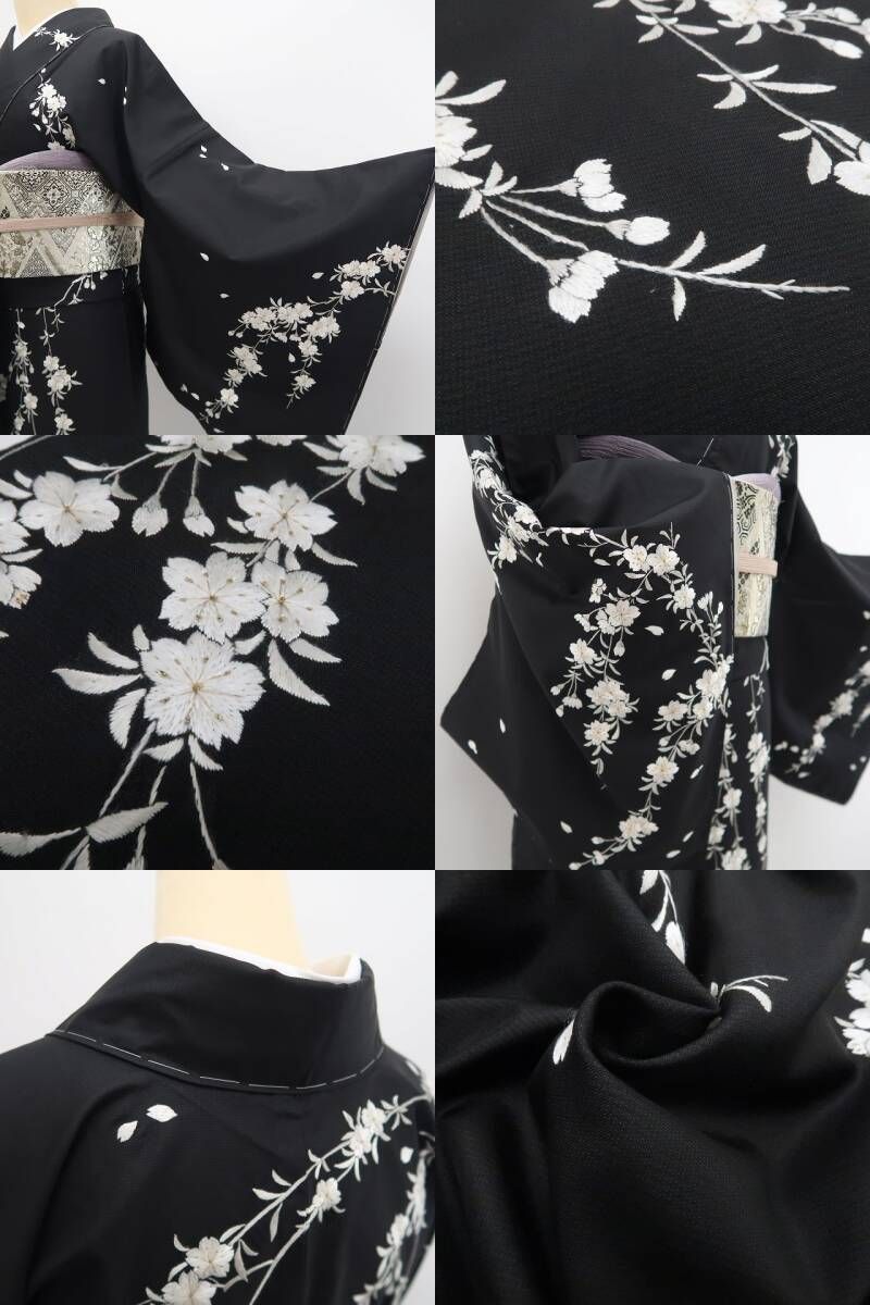 【美品・大島紬訪問着】総刺繍 桜 着物 正絹 仕付け糸付 トールサイズ tomihisa”刺繍で咲かせる気品の枝垂れ桜”9572