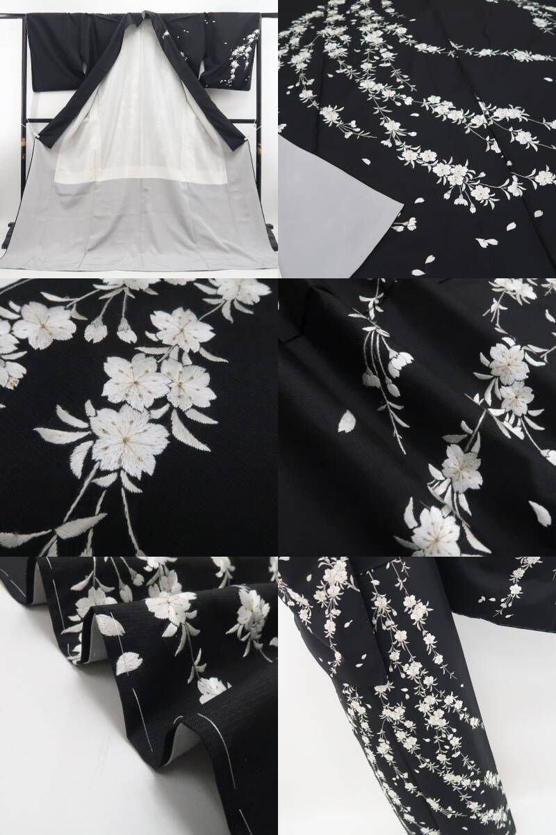 【美品・大島紬訪問着】総刺繍 桜 着物 正絹 仕付け糸付 トールサイズ tomihisa”刺繍で咲かせる気品の枝垂れ桜”9572