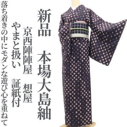 【新品・本場大島紬】京西陣陣屋 想屋 やまと扱い 着物 正絹 証紙付 仕付け糸付 tomihisa”落ち着きの中にモダンな遊び心を重ねて”9588