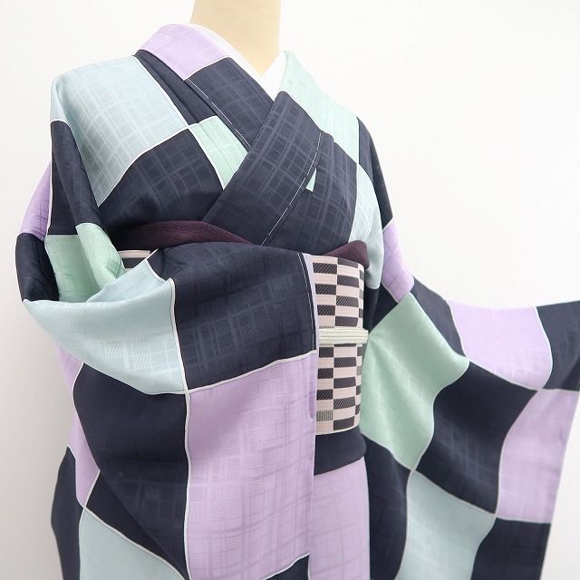 【新品・小紋】BANKAN モダンアート 市松 着物 正絹 仕付け糸付 トールサイズ tomihisa”爽やかな市松で楽しむ洗練のモダン”9621