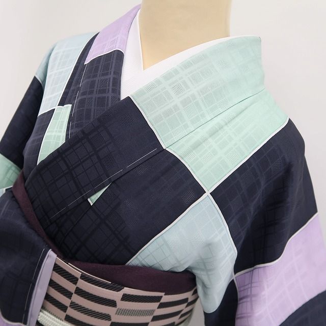 【新品・小紋】BANKAN モダンアート 市松 着物 正絹 仕付け糸付 トールサイズ tomihisa”爽やかな市松で楽しむ洗練のモダン”9621