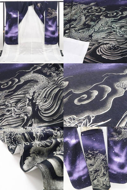 【新品・振袖】お仕立て上がり品 龍 ドラゴン 銀通し 着物 成人式 正絹 トールサイズ 仕付け糸付 tomihisa”星雲を背に現れる神秘”9626