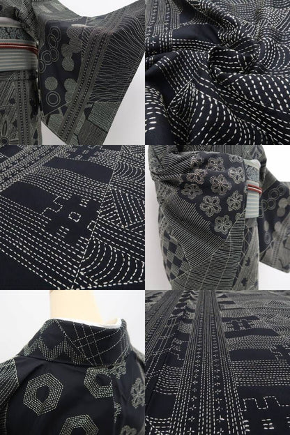 【新品・お召】刺し子 着物 正絹 仕付け糸付 tomihisa”一針の美しさをまとうモノトーンの楽しさ”9657