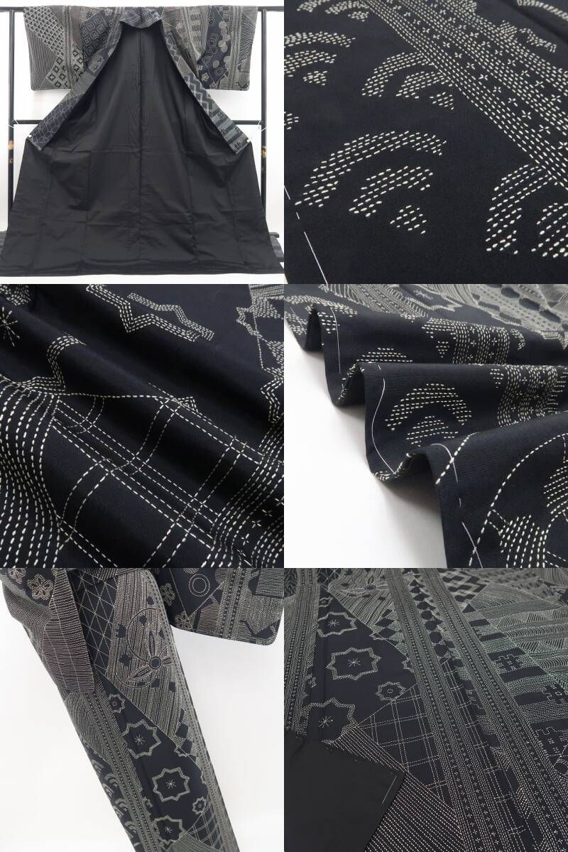 【新品・お召】刺し子 着物 正絹 仕付け糸付 tomihisa”一針の美しさをまとうモノトーンの楽しさ”9657