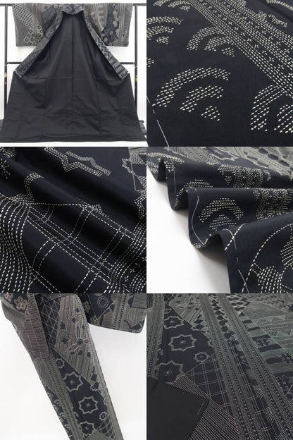 【新品・お召】刺し子 着物 正絹 仕付け糸付 tomihisa”一針の美しさをまとうモノトーンの楽しさ”9657