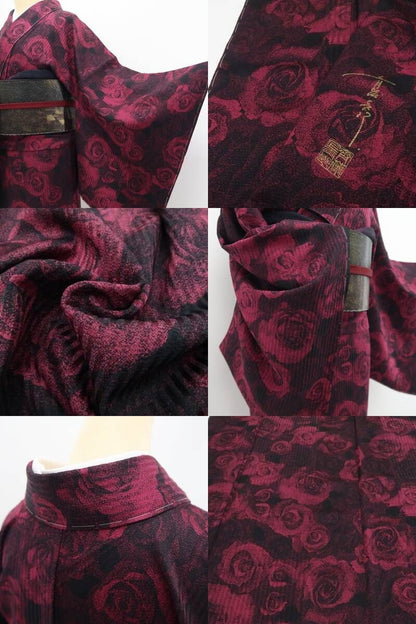 【新品・小紋】斉藤上太郎 落款 薔薇 着物 正絹 仕付け糸付 tomihisa”深紅の薔薇を咲かせてモードに洒落る”9658