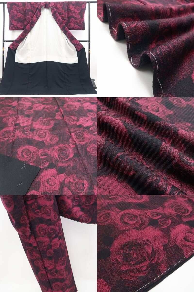 【新品・小紋】斉藤上太郎 落款 薔薇 着物 正絹 仕付け糸付 tomihisa”深紅の薔薇を咲かせてモードに洒落る”9658