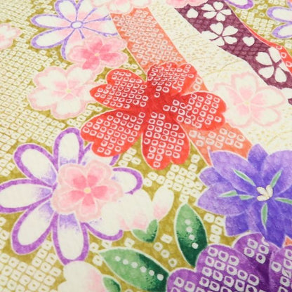 【新品・七五三/７歳/女の子】３点セット 着物 四つ身 襦袢 袋帯 ハーフ成人式 tomihisa”花いっぱいに包まれる晴れの日のときめき”9665
