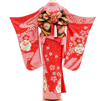 【新品・七五三/７歳/女の子】３点セット 着物 四つ身 襦袢 袋帯 ハーフ成人式 tomihisa”宝尽くしに願いを込め咲き誇る晴れ姿”9666