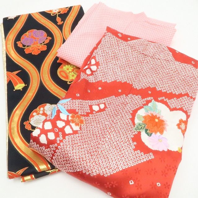 【新品・七五三/７歳/女の子】３点セット 着物 四つ身 襦袢 袋帯 ハーフ成人式 tomihisa”宝尽くしに願いを込め咲き誇る晴れ姿”9666