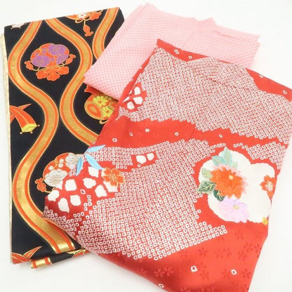 【新品・七五三/７歳/女の子】３点セット 着物 四つ身 襦袢 袋帯 ハーフ成人式 tomihisa”宝尽くしに願いを込め咲き誇る晴れ姿”9666