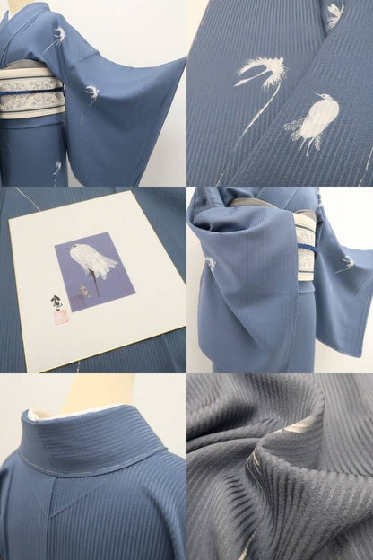 【新品・小紋】東京友禅 菅有鬼一 色紙付 着物 正絹 仕付け糸付 tomihisa”すっきりと粋にまとう白鷺の美しさ”9674