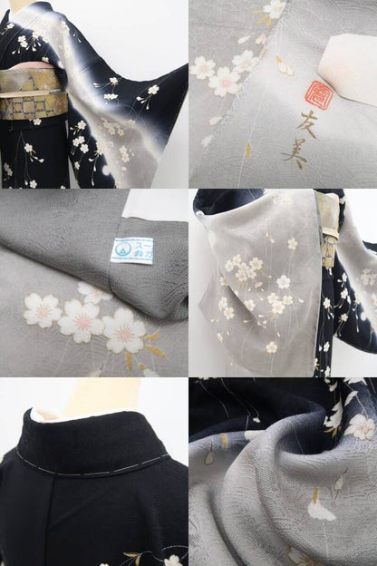 【美品・訪問着】鈴乃屋謹製 桜 モノトーン 落款 作家物 着物 仕付け糸付 希少トールサイズ tomihisa“花ふる夜に夢を描いて”9680