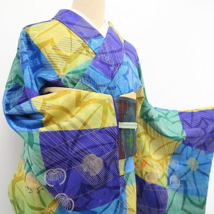 【新品・訪問着】橘 市松 着物 正絹 仕付け糸付 トールサイズ tomihisa”鮮やかな市松に吉祥の煌めきを重ねて”9693