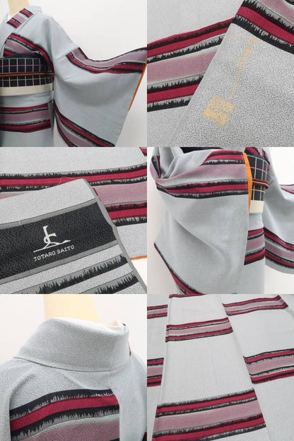 【新品・お召】斉藤上太郎 落款 着物 正絹 仕付け糸付 tomihisa”シンプルだから際立つモードな色彩美”9694