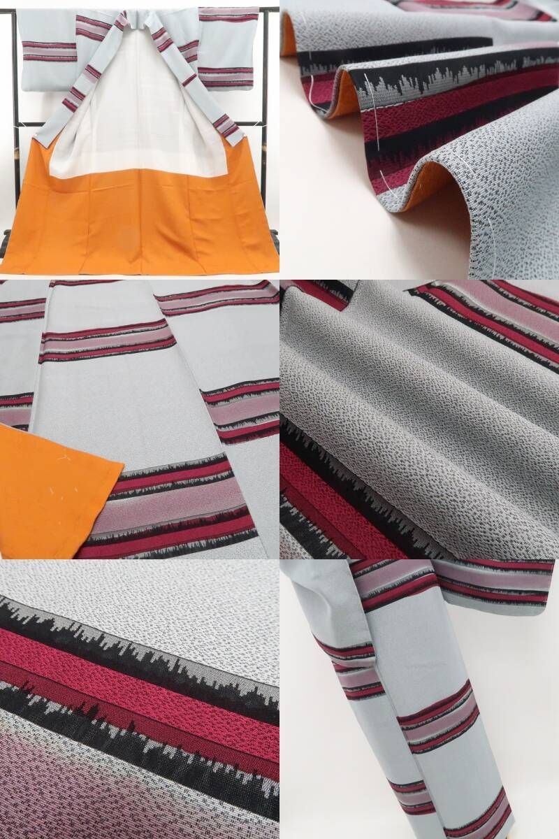 【新品・お召】斉藤上太郎 落款 着物 正絹 仕付け糸付 tomihisa”シンプルだから際立つモードな色彩美”9694