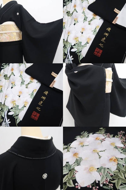 【新品・黒留袖】ますいわ屋謹製 優梛達也 落款 総刺繍 胡蝶蘭 比翼仕立て 着物正絹 仕付け糸付 tomihisa”晴れの日を祝福する胡蝶蘭”9698
