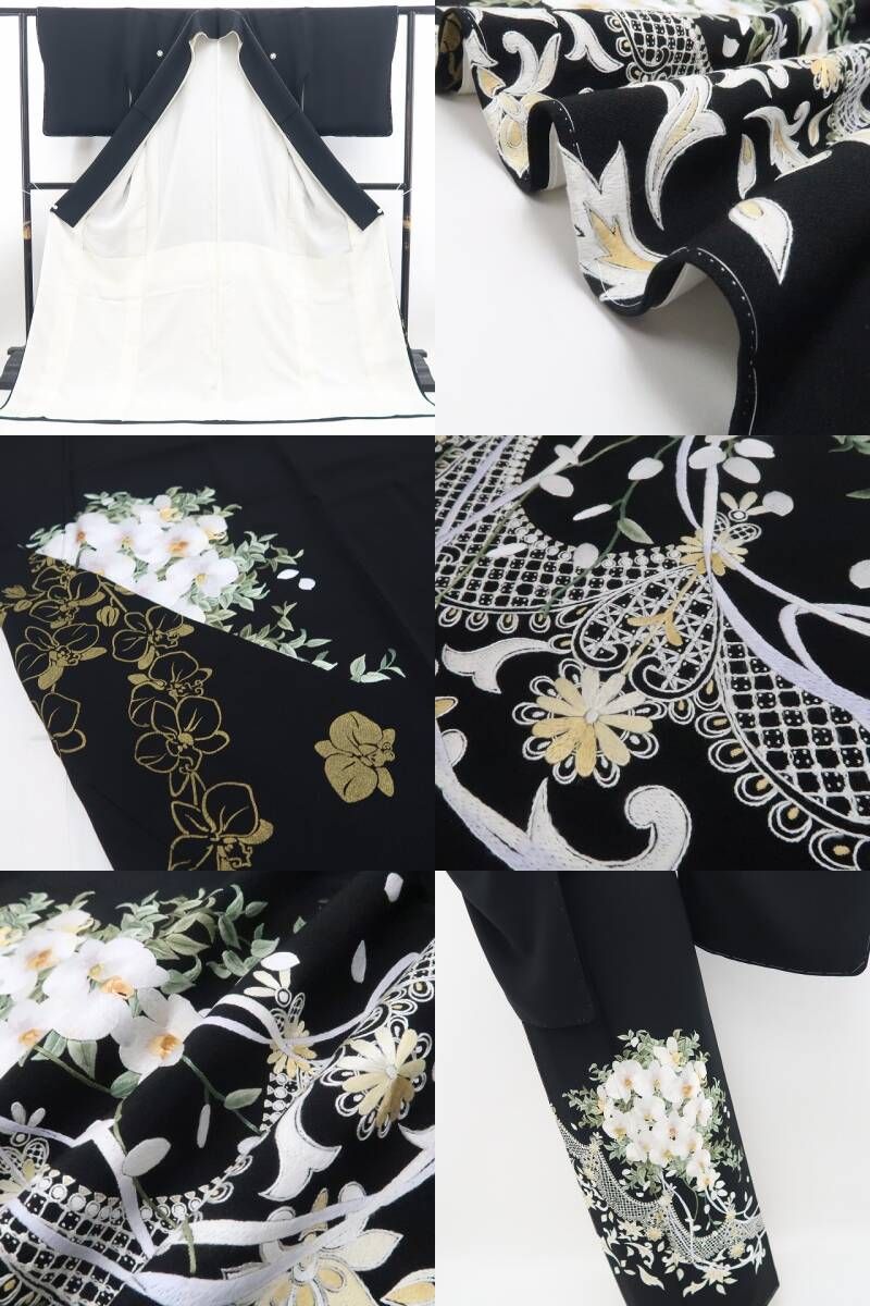 【新品・黒留袖】ますいわ屋謹製 優梛達也 落款 総刺繍 胡蝶蘭 比翼仕立て 着物正絹 仕付け糸付 tomihisa”晴れの日を祝福する胡蝶蘭”9698