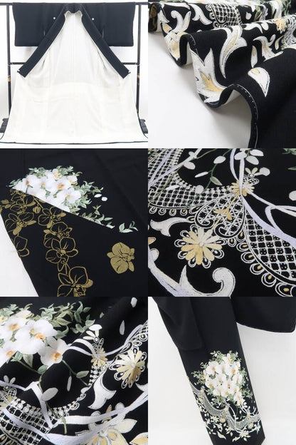 【新品・黒留袖】ますいわ屋謹製 優梛達也 落款 総刺繍 胡蝶蘭 比翼仕立て 着物正絹 仕付け糸付 tomihisa”晴れの日を祝福する胡蝶蘭”9698